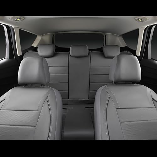 CAR PASS Piping Faux Leather Car Seat Cover Full Set,Grey Breathable Leather Seat Covers for Cars, Airbag Compatible,Universal Fit for SUVs,Van,Sedans,Small Trucks (Full Set, All Gray) - color: Grey with charcoal stripes
