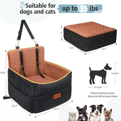 HEGGCOOE Small Dog Car Seat, Memory Foam Dog Booster Seats with Thick Cushion for Medium Dogs Under 35lbs, Detachable Washable Pet Car Seat Travel Bed with Storage Pockets,2 Safety Belts - color: Black+brown
