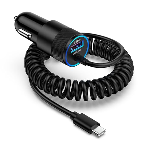Type C Fast Car Charger for Galaxy A17/A56/A16/S26 Ultra/S26/S25 FE/S25/S24 Ultra/A15/A55/A54/A14 5G Pixel 10a 10 9 8 Pro iPhone 17 16e,QC3.0 18W Car Phone Charger Adapter PD30W USB C Coiled Cable 3FT - color: black#