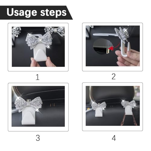 Zpana Bling Car Headreat Hook, 2PCS Crystal Rhinestone Cute Bow Vehicle Seat Back Hanger Storage for Purses Bags Grocery, Diamond Auto Rear Seat Organizer, Universal for SUV Truck Sedan (Black) - style: Black/2PCS
