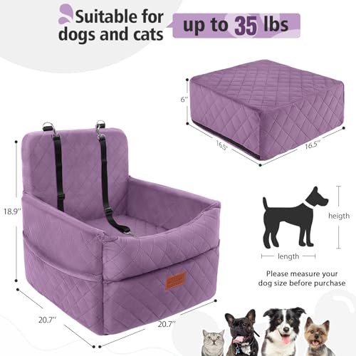 HEGGCOOE Small Dog Car Seat, Memory Foam Dog Booster Seats with Thick Cushion for Medium Dogs Under 35lbs, Detachable Washable Pet Car Seat Bed with Storage Pockets,2 Safety Belts Purple - color: Purple