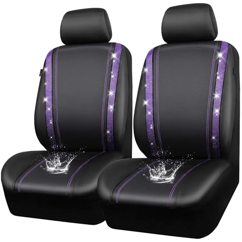 CAR PASS Leather Diamond Bling Car Seat Cover 2 Front Interior Sets, Waterproof Universal Shining Glitter Crystal Sparkle Fit for 95% Automotive Truck SUV Cute Women Girl, Black Purple Rhinestone - color: Violet Purple, size: Two Front Seats
