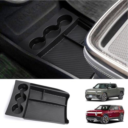 for Rivian r1t r1s 2022 2023 2024 Lower Center Console Organizer Tray with Drink Cup Holder Compatible with Rivian Console Storage Box Interior Accessories