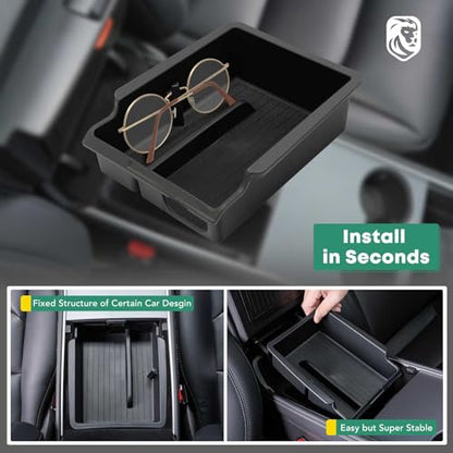 YHTAUTO Center Console Organizer Tray Fit for Tesla Model 3 2021 2022 2023 & Model Y 2021 2022 2023 2024, Center Armrest Storage Box with Sunglass Holder Non-slip - Matt Black - color: Center Armrest