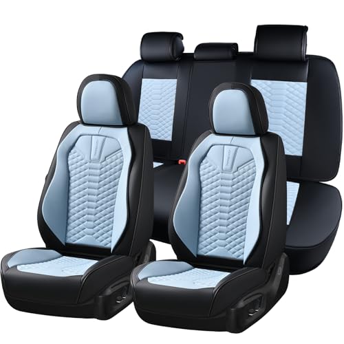 Coverado Leather Seat Covers, Car Seat Covers Full Set, Waterproof Nappa Leather Car Seat Cover, Car Seat Protectors 5 Seats, Black & Blue Automotive Seat Covers Fit for Most Cars Trucks - color: Patchwork-Black&Blue, size: Fullset