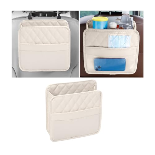 Mandark Car Seat Back Organizer, PU Leather Vehicle Backseat Hanging Storage Pocket, Multipurpose Auto Travel Essentials Accessories for Kids & Adults, Universal for Most Cars (Beige) - color: Beige