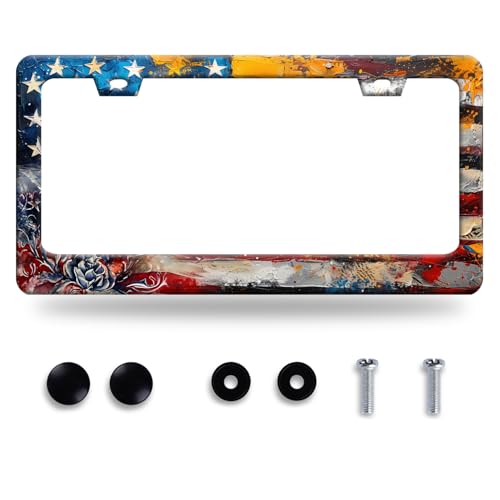 Vintage American Flag Flowers License Plate Frame Funny Patriotic License Plate Frames Stainless Steel Accessories Cars Decor with 2 Holes and Screws Fits Standard Us Ca Vehicles Size 12.2 X 6 Inches - color: Vintage American Flag Flowers