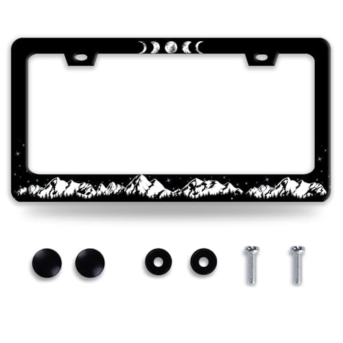 Moon Phases License Plate Frame Mountains Forest License Plate Black Auto Accessory Decoration Stainless Steel Funny License Plate Frames 6.3 x12.3 Inch - color: Moon Phases Mountain