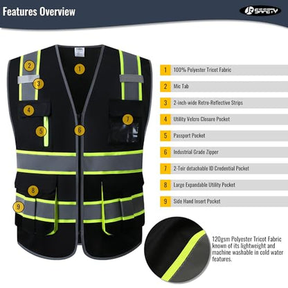 JKSafety 7 Pockets High Visibility Black Safety Vest for Men and Women Zipper Front with Hi-Vis Reflective Strips Meets ANSI/ISEA Standards(130-Black, X-Large) - color: Black-sf07, size: X-Large