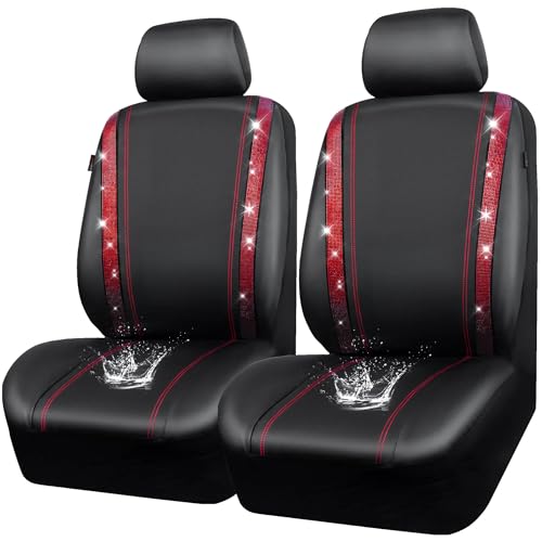 CAR PASS Leather Bling Diamond Car Seat Covers 2 Front Interior Sets, Waterproof Universal Shining Glitter Crystal Sparkle Fit for 95% Automotive Truck SUV Cute Women Girl, Black Red Rhinestone - color: Red, size: Two Front Seats