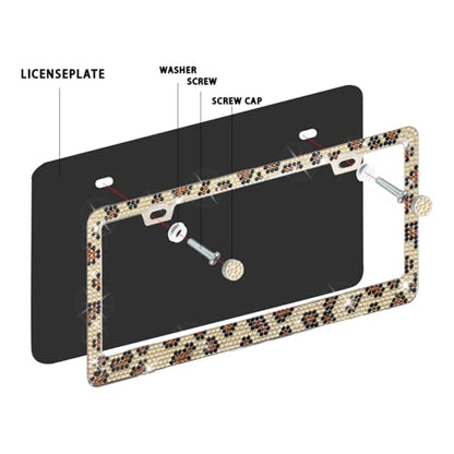 1 Pack Bling License Plate Frames, Bedazzled Sparkly Cute Water Diamond Stainless Steel，Car Accessories with Diamond Sparkle Glitter Caps（Leopard Print） - color: Leopard Print, size: 1