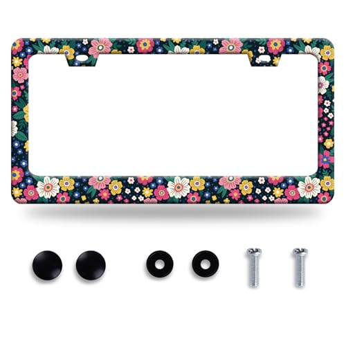 Colorful Folk Floral License Plate Frame Funny Flowers License Plate Frames Stainless Steel Accessories Cars Decor with 2 Holes and Screws Fits Standard Us Ca Vehicles Size 12.2 X 6 Inch - color: Colorful Folk Floral