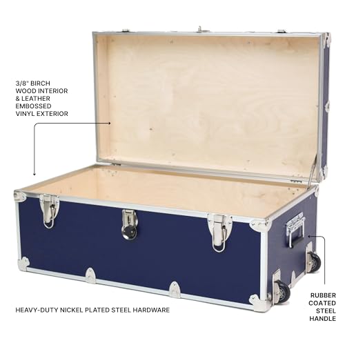 Rhino Trunk & Case Large Essential Trunk With Wheels 32”x18”x14”, 1000+ lbs Capacity - Many Colors. Strong, USA Made Summer Camp Footlocker, and Secure College Dorm Storage Chest - color: Navy Blue