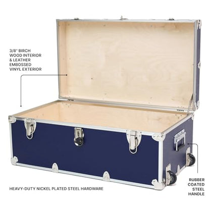Rhino Trunk & Case Large Essential Trunk With Wheels 32”x18”x14”, 1000+ lbs Capacity - Many Colors. Strong, USA Made Summer Camp Footlocker, and Secure College Dorm Storage Chest - color: Navy Blue