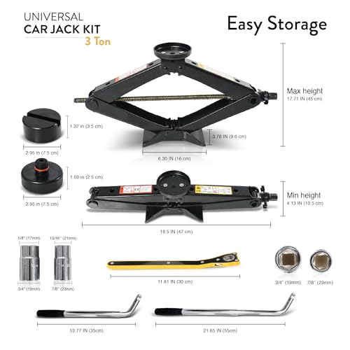 Car Jack Kit with Tesla Pad & Universal Rubber Pad 3 Ton (6,600 lbs) | Scissor Jack for Car - Tire Jack Tool Kit | Portable, Ideal for SUV and Auto - Universal Emergency Kit with Lug Wrench - size: Car Jack Kit 3 Ton + pads/gloves/tire press