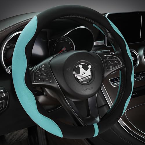 HighnessHwoo Luxury Suede Steering Wheel Cover for Cars, Soft Leather Padded Wheels Cover for F150, Trucks, Jeep, Van, Auto Thin Large Car Handle Cover, Universal Fit, Anti Slip, 15.2-16in, Green - color: Green+Black, size: Large Size[15.2-16"](38.6-40.5c