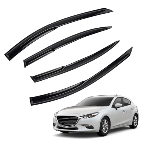 4pcs JDM 3D Wavy MU Style Window Visors Compatible with 2014-2018 Mazda 3/3 Sport Sedan/Hatchback, Front+Rear Left+Right Outside Mount Type Dark Smoke Tint Tape-On Side Sun Rain Guards Set of 4 - size: 2014-2018 Mazda 3/3 Sport