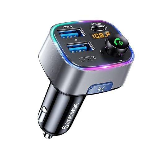 Syncwire Bluetooth 5.4 FM Transmitter Car Adapter 48W (PD 36W & 12W) [Light Switch] [Hi-Fi Deep Bass] [Fast Charge] Wireless Radio Music Adapter LED Display Hands-Free Calling Support USB Drive - color: Silver, style: 48W