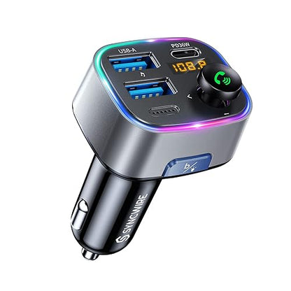 Syncwire Bluetooth 5.4 FM Transmitter Car Adapter 48W (PD 36W & 12W) [Light Switch] [Hi-Fi Deep Bass] [Fast Charge] Wireless Radio Music Adapter LED Display Hands-Free Calling Support USB Drive - color: Silver, style: 48W