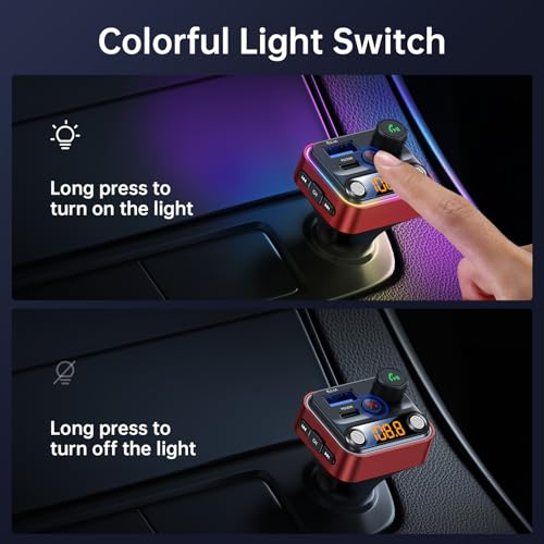 Syncwire Bluetooth 5.4 FM Transmitter Car Adapter 42W [Light Switch] [Stronger Dual Mics] [HiFi Deep Bass] [Fast Charging] Wireless FM Radio Music Adapter Hands-Free Calling Support USB Drive, Red - color: Red
