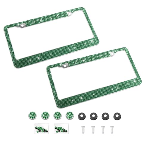 Bling 2PCS Car License Plate Frame, Handcrafted Crystal Stainless Steel License Plate Frame, Sparkly, Durable, Universal Fit, Car Accessories for Girls, Women (Dark Green) - color: Dark Green, size: 2PCS