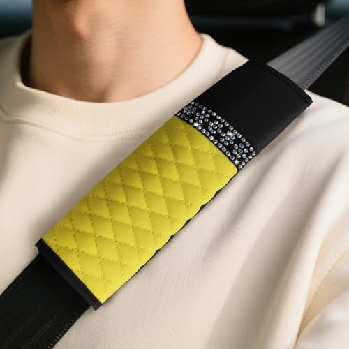 wuyaoyao 2PCS Bling Car Seat Belt Cover Pad, Breathable Leather Seatbelt Covers for Cars, Soft Comfortable Seatbelt Shoulder Strap Covers, Rhinestone Auto Seat Belt Protector Cushion (Yellow) - color: Yellow