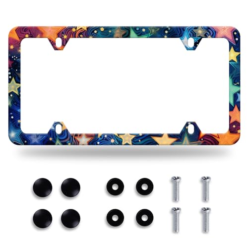 Psychedelic Stars License Plate Frame Starry License Plate Frames Stainless Steel Accessories Cars Decor with 4 Holes and Screws Fits Standard US CA Vehicles Size 12.2 x 6 Inches - color: Psychedelic stars