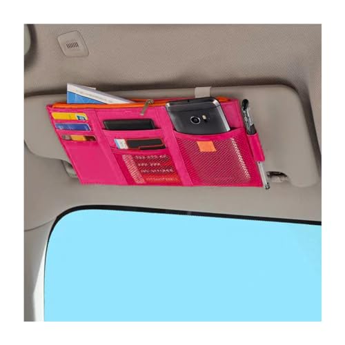 Car Sun Visor Organizer, Auto Interior Visor Storage Pouch Holder with Zipper, Multi-Pocket Net Personal Belonging Organizer, Universal Car Accessory for Cards, Documents (Rose Red) - color: Rose Red, size: 1 PCS