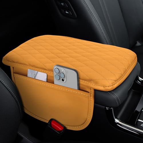 Car Center Console Cover, 12"×7.87" Waterproof Leather Auto Armrest Cover Protector with 2 Pocket, Comfortable Arm Rest Box Cushion Pad, Universal Interior Car Accessories (Yellow) - color: Yellow