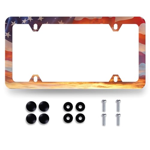 American License Plate Frame US Flag Patriotic License Plate Holder Stainless Steel Colorful American Flag Car Accessory Funny License Plate Decoration Size 12.2" x 6.2" with Screws - color: American Flag in Sky