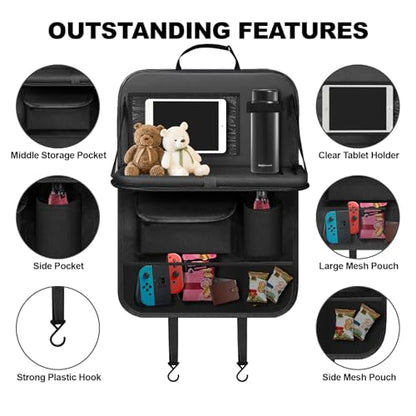 Car Backseat Organizer: Back Seat Storage Organizer for Kids with Tablet Holder, Heavy Duty Back Seat Protector with Foldable Table Tray, Kick Mats w/Pockets, Road Trip Essentials, 2 Count