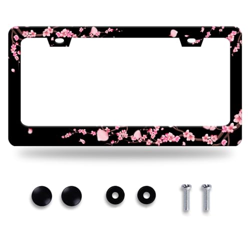 Cherry Blossom License Plate Frame Beautiful Flowers Pink License Plate Stainless Steel Funny License Plate Holder Floral Car Accessories Decoration With Screws Fits Standard Vehicles Size 12.3"x 6.3" - color: Beautiful Cherry Blossom Floral