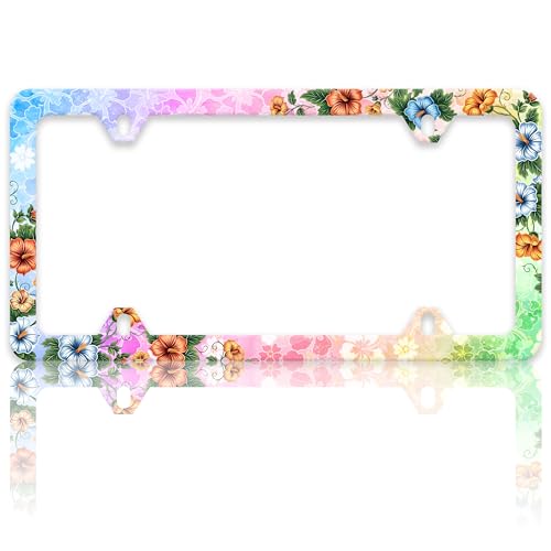 Colorful Hibiscus Flowers License Plate Frame Hawaii Tropical Floral License Plate Holders Funny Auto Accessory Bracket Stainless Steel License Plate Frames With Screws For Women Men 6x12 Inch 4 Holes - color: Colorful Hibiscus Flowers