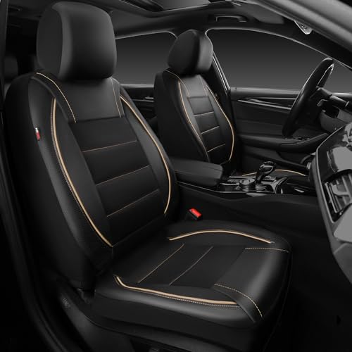 CAR PASS Universal FIT Piping Leather Two Front Seat Covers, Waterproof Faux Leather for SUV Sedan Van Truck, Airbag Compatible,Reserved Opening Holes for Headrest Covers. (Black and Beige) - color: Black Beige