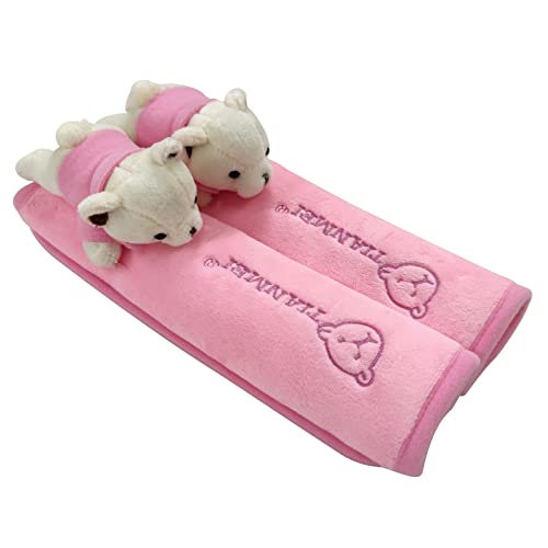 Tianmei 2Pcs Bear Doll Styling Faux Suede Car Seat Belt Strap Cover Shoulder Strap Pad (Pink Color) - color: Bear Pink - 2PCS