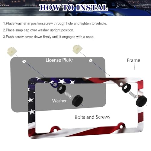 LIN KANG American Flag License Plate Frame Holder - 2 Pack Patriotic Universal Aluminum Matte Stripe US Flag Gloss Car Plate Frame Covers with 4 Holes and Screws Fasteners Caps - color: Matte American flag 4 Holes A