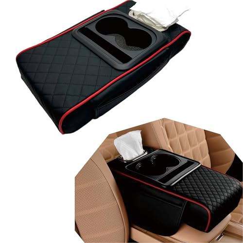 Car Center Console Cover, 5-in-1 Thickened Armrest Protector Pad, Leather Center Armrest Protector with Storage Compartment, Universal for Most Cars (Black & Red) - color: Black & Red