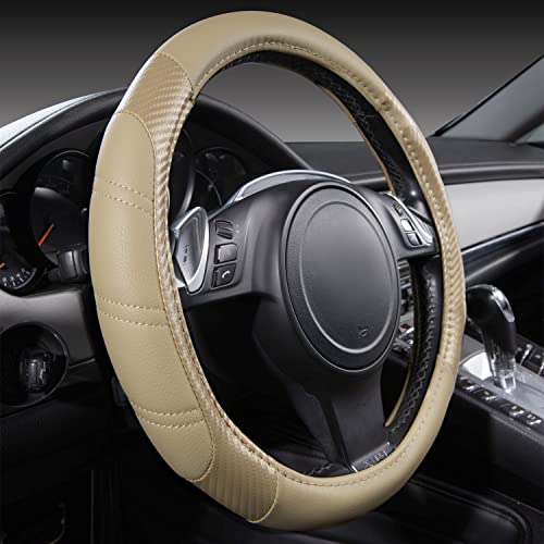 CAR PASS Line Rider Microfiber Leather Sporty Steering Wheel Cover Universal Fits for 95% Truck,SUV,Cars, Anti-Slip Safety Comfortable Desgin (Beige-Carbon Fiber) - color: Beige＆Carbon Fiber, size: Standard[14.5"-15"]