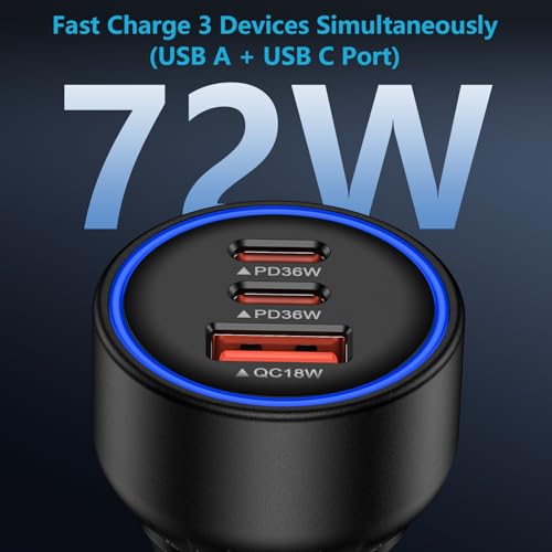 Multi 3 Ports Fast Car Charger Adapter 12V Auto Vehicle Plug - USB C & USB A Quick Charging - Cigarette Lighter Cell Phone Automobile Charger for iPhone 17 Pro Max Air 17e 16e 16 15, Samsung S26