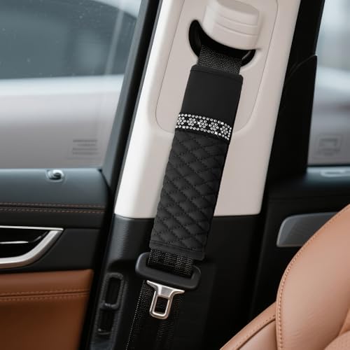 wuyaoyao 2PCS Bling Car Seat Belt Cover Pad, Breathable Leather Seatbelt Covers for Cars, Soft Comfortable Seatbelt Shoulder Strap Covers, Rhinestone Auto Seat Belt Protector Cushion (Black) - color: Black
