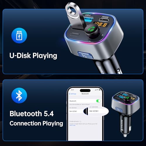 Syncwire Bluetooth 5.4 FM Transmitter Car Adapter 48W (PD 36W & 12W) [Light Switch] [Hi-Fi Deep Bass] [Fast Charge] Wireless Radio Music Adapter LED Display Hands-Free Calling Support USB Drive - color: Silver, style: 48W