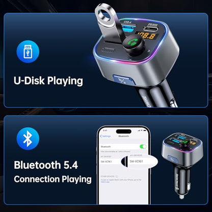 Syncwire Bluetooth 5.4 FM Transmitter Car Adapter 48W (PD 36W & 12W) [Light Switch] [Hi-Fi Deep Bass] [Fast Charge] Wireless Radio Music Adapter LED Display Hands-Free Calling Support USB Drive - color: Silver, style: 48W