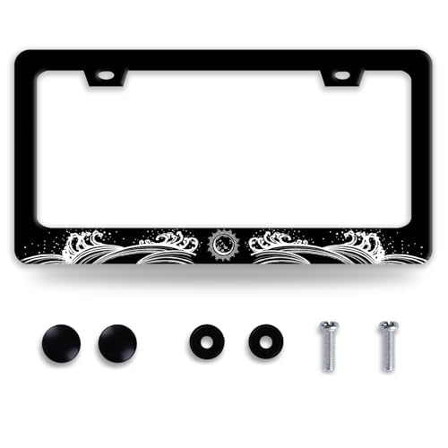 Waves and Sun License Plate Frame Funny Ocean Waves License Plate Frames for Car Decorative Parts Stainless Stee License Plate for Standard Us Canada License Plate Holder 12x6 Inch for Women Men - color: Waves And Sun