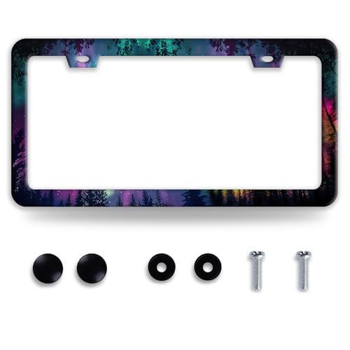 Night Aurora Forest License Plate Frame Beautiful Scenery License Plate Frames Funny Stainless Steel Accessories Cars Decor with 2 Holes and Screws Fits Standard Us Ca Vehicles Holder 12.2 X 6 Inch - color: Night Aurora Forest