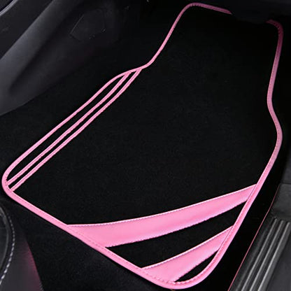 CAR PASS Pink Edge Faux Leather Car Floor Mats Universal Car Carpet Mats with Double Stitch Line Anti-Slip Backing Design, for Cute Girly Women, Fit 95% Automotive,SUVs,Sedan,Vans (Black and Pink) - color: Black and Pink