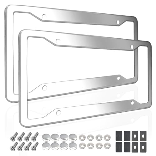 ZXFOOG Stainless Steel License Plate Frames- 2 Pack Mirror Polished Front & Rear Auto Car Tag Holder, Heavy Duty Chrome Bracket with Mount Hardware, Screws Caps - color: Chrome