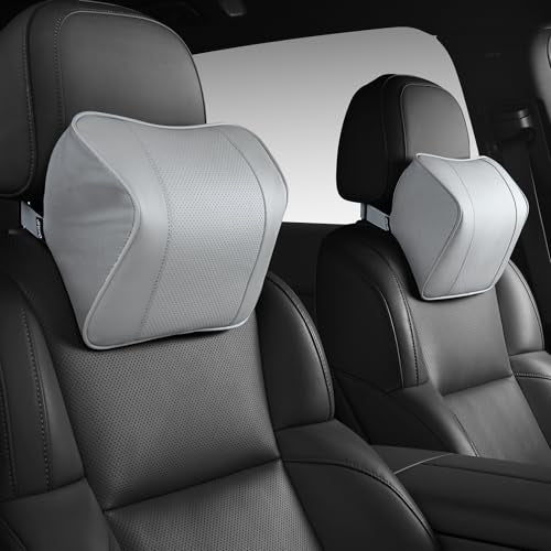 Quintor Genuine Leather Car Neck Pillow,Memory Foam Headrest Cushion, Ergonomic Cervical Support for Tesla Model 3/Y/X, Lexus, BMW- Breathable & All-Season Soft (2 PC) - color: Grey