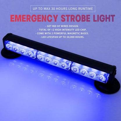 14" Blue Battery Powered Police Firefighter Emergency Strobe Lights Bar for Trucks/Vehicles Rechargeable Wireless Rooftop Mini Hazard Flashing LED Beacon Warning Light w/Magnetic Base - color: #06 Blue/Blue/Blue, size: 14 inchs