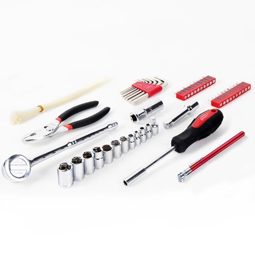 Apollo Tools 56 Piece Compact Metric Auto Tool Set in Zippered Case, Small Mechanic Tool Set for Car Emergency, Motorcycle Repair on the Road, Great for Travel Tool Needs - Red - DT9775 - size: 56 Piece, style: Metric (Automotive)