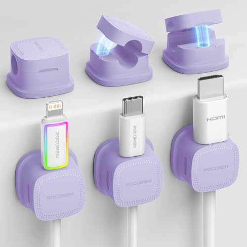 6 Pack Cable Management Cord Organizer, Magnetic Cable Clips-1s Lock, Rocoren Desk Adhesive Cord Cable Clip Wire Holder Keeper for Phone Charger Wire, Nightstand, Car, Office, Desktop Accessory,Purple - color: 6-Purple